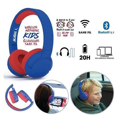 Image de AKASHI CASQUE KIDS SANS FIL BLUETOOTH BLEU/ROUGE 